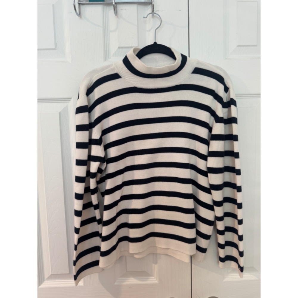 Tommy Hilfiger Womens XL Mock Neck Striped Cotton Knit Sweater Cream Navy Blue